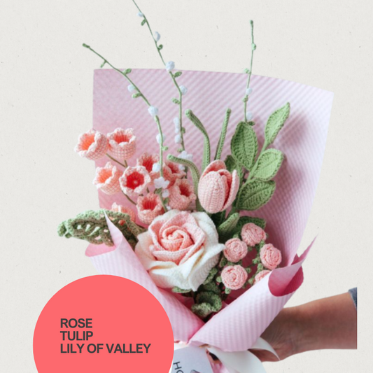 Crochet Handmade Flower Bouquet – Lily of the Valley, Rose, and Tulip (TEST)